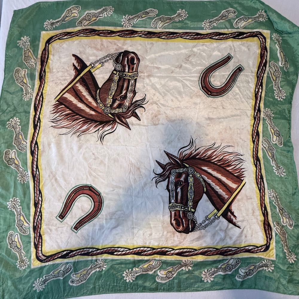 Vintage Scarf Equestrian Horse Horseshoe Green Cream Square Western Cowboy